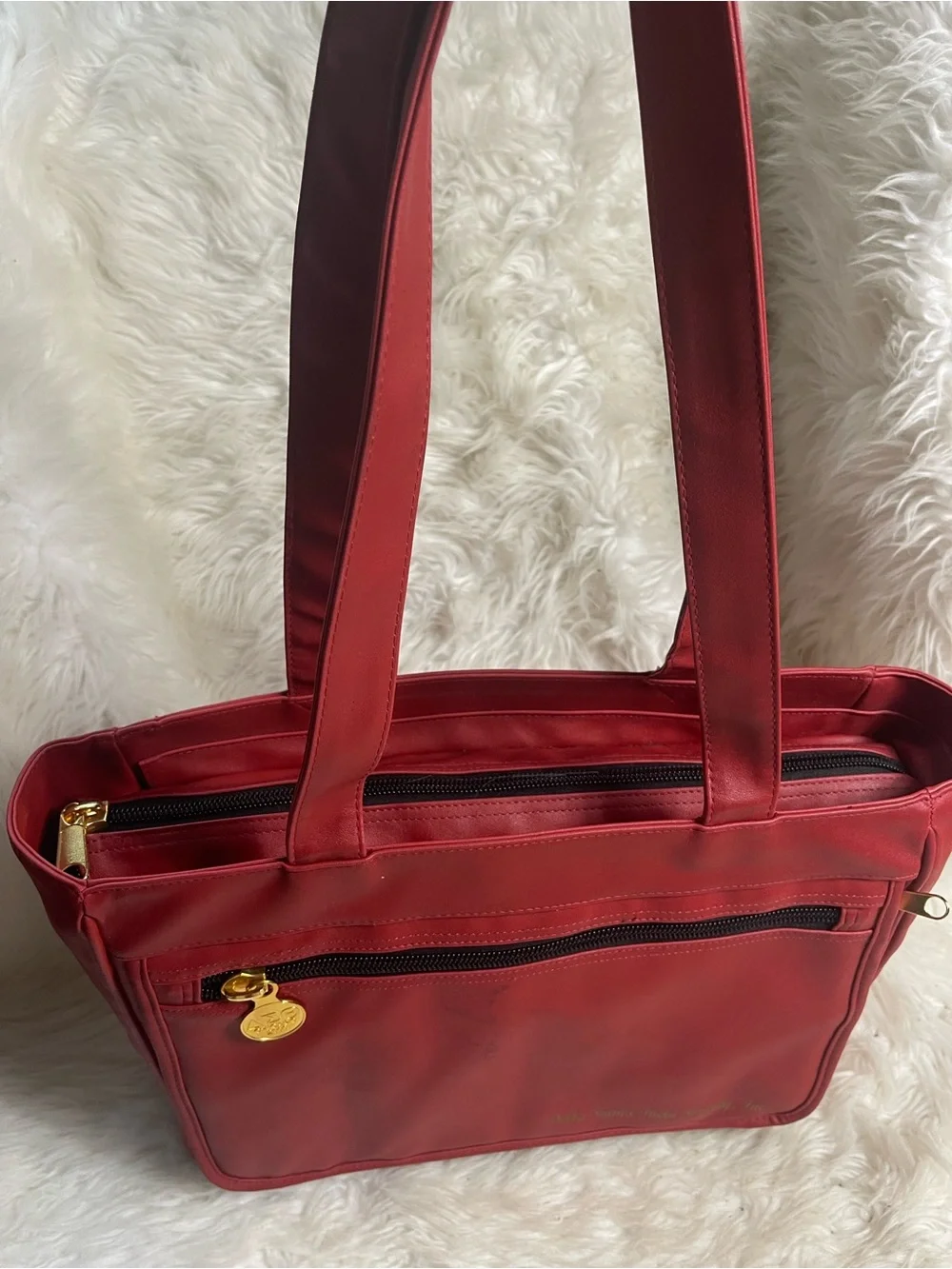 Red shoulder Tote laptop bag with gold script for Delta Sigma theta Sorority.